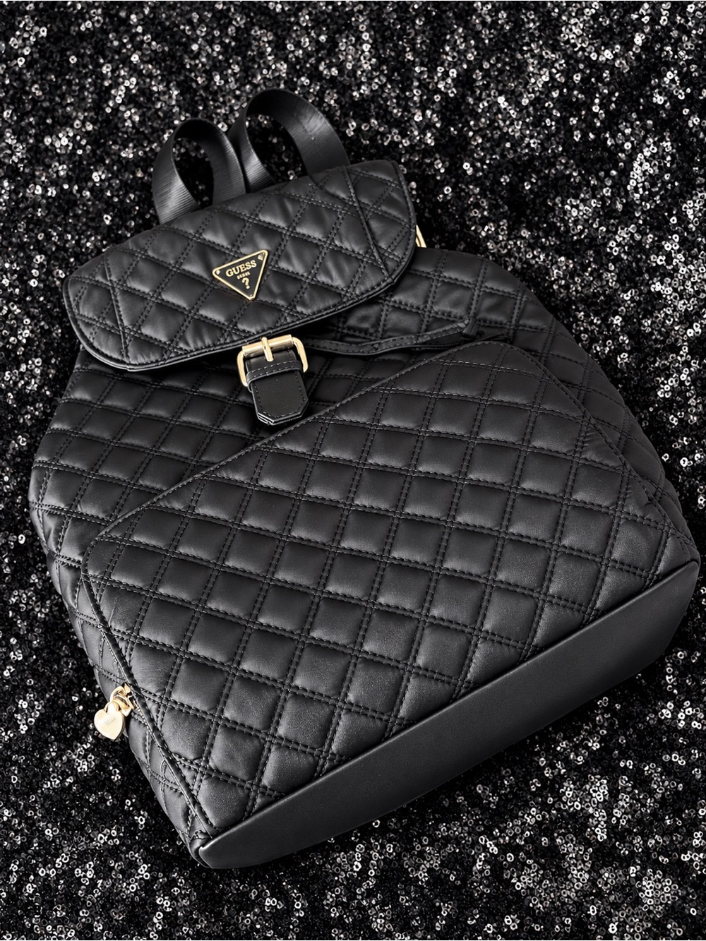 Guess Black Quilted Backpack with Gold Hardware